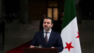 Ukrainian Foreign Minister Andrii Sybiha attends a press conference with Syria’s foreign minister, Asaad Hassan al-Shibani, after the ousting of Syria’s Bashar al-Assad, in Damascus